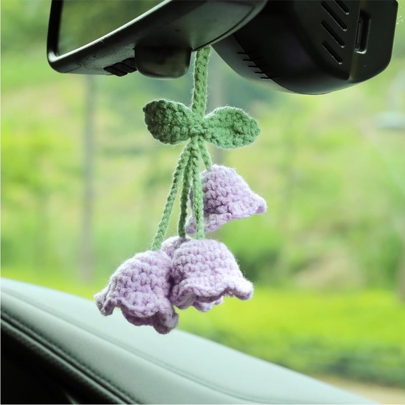 Handmade Kawaii Woven Pink Bell Flower Plant Knit Car Mirror Hanging Accessory - Picture 8 of 10
